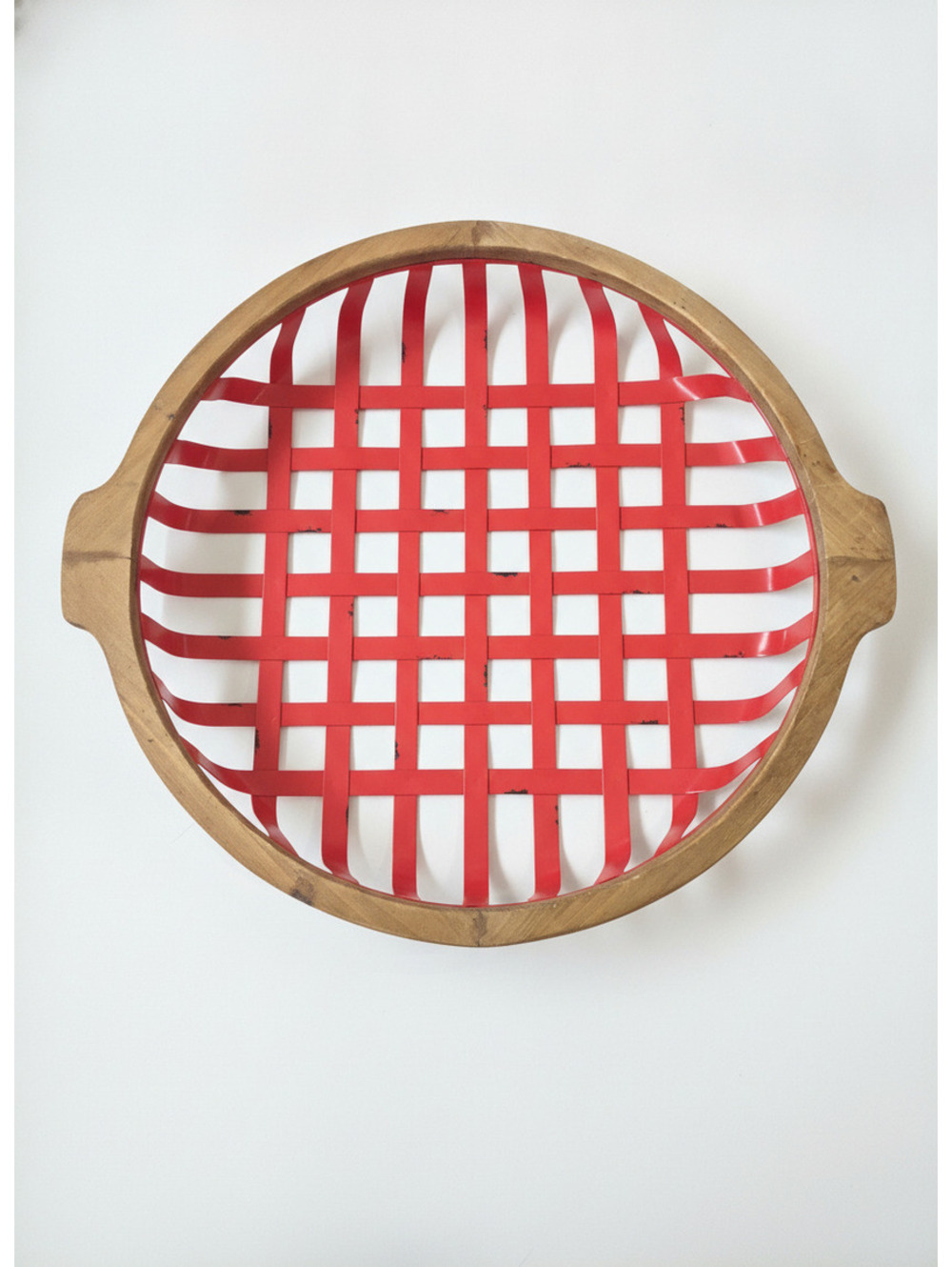 Round Wooden Basket with Red Lattice Design